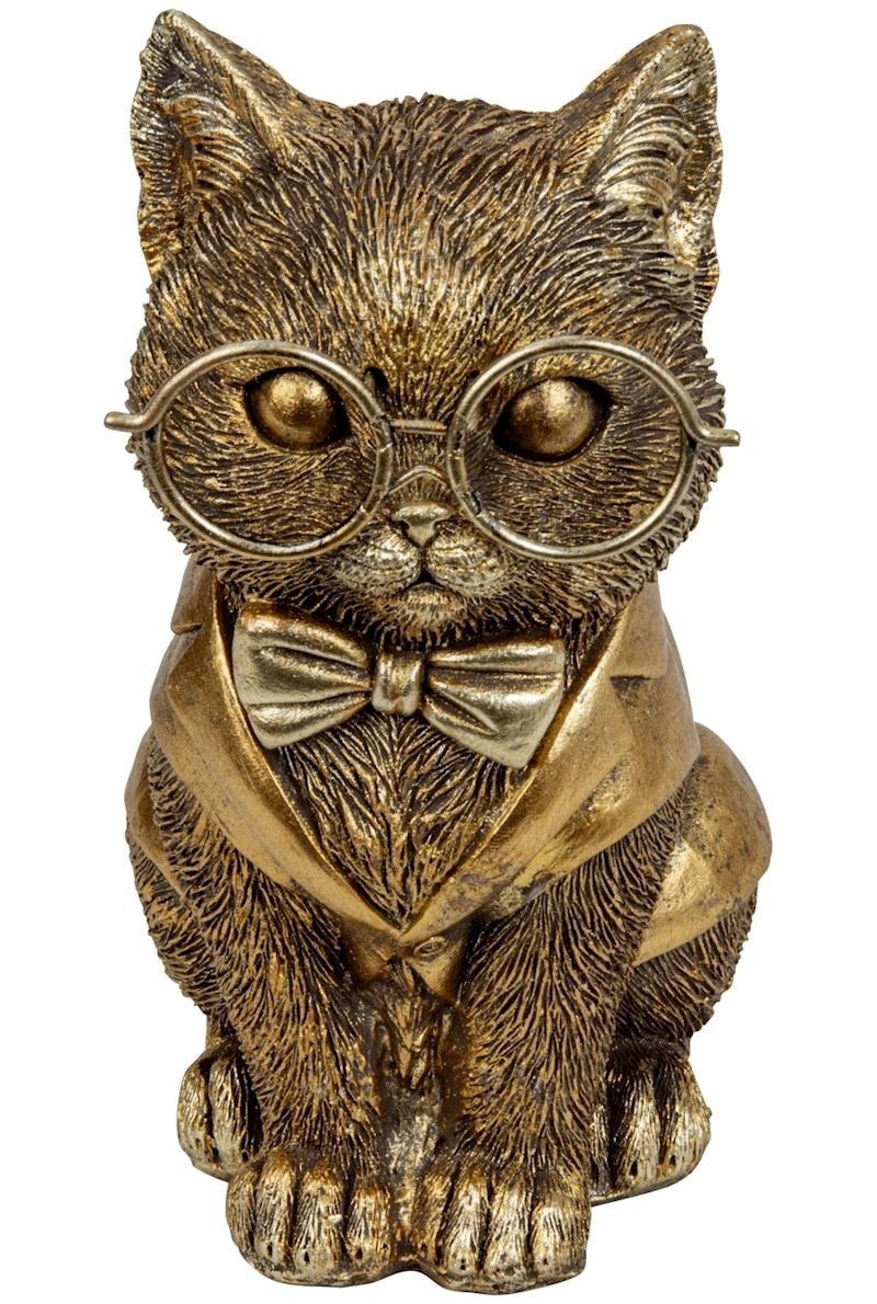 Lustige Katze in gold Poly mit grosser Brille 15 cm