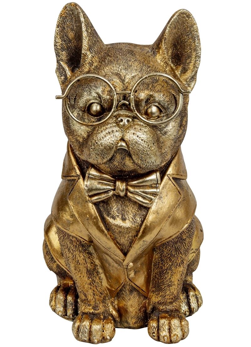 Lustiger Mops in gold Poly mit grosser Brille 20 cm