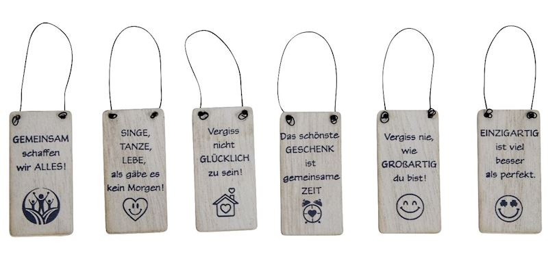 Holzschild 6x3 cm mit Spruch an Draht 6 sort.