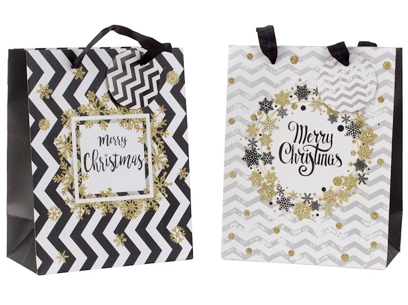 Geschenktasche Merry Christmas mit Glitzer, 28x18x10 cm