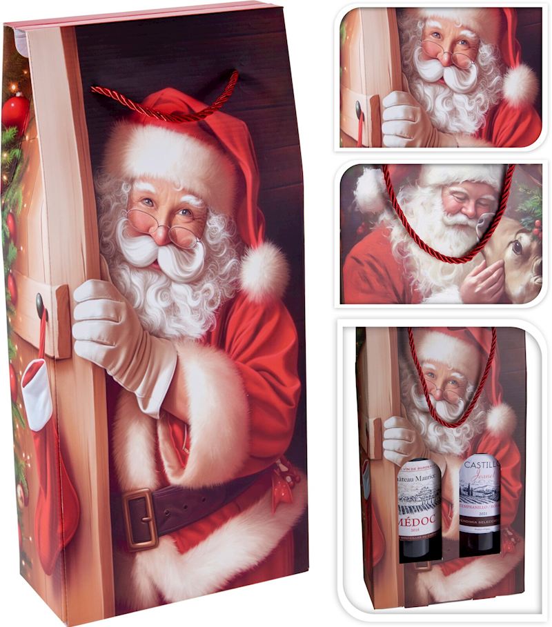 Box de cadeau Père Noël pour 2 bouteilles 38 cm, 2 ass