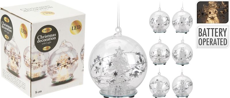 LED Weihnachtskugel 8cm 6xsort. aus Glas silber