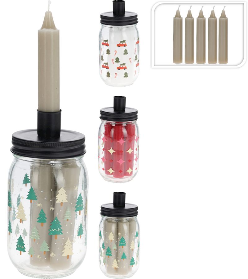 Kerzenständer Glas 17 cm mit 5 Kerzen 3xsort.