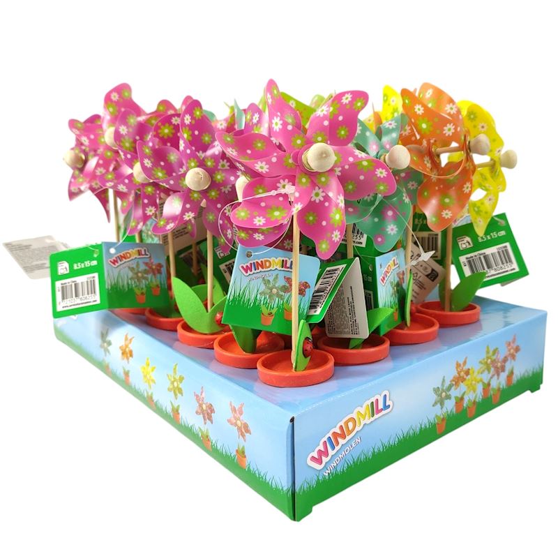 Windrad im Topf 8.5x15 cm div. Farben sort.