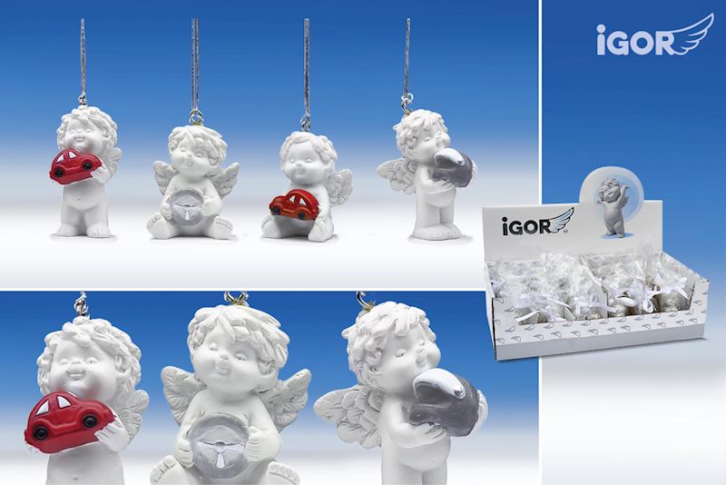 Schutzengel Igor Gute Fahrt hängend weiss aus Poly sort.