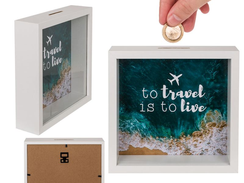 Holz Spardose mit Glas to travel is to live 20x20x5 cm