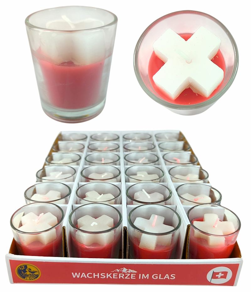 Rote Kerze im Glas mit Schweizer Kreuz 6x5.3 cm