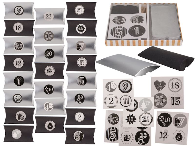 Adventskalder Set im Geschenk- Karton, silber-schwarz