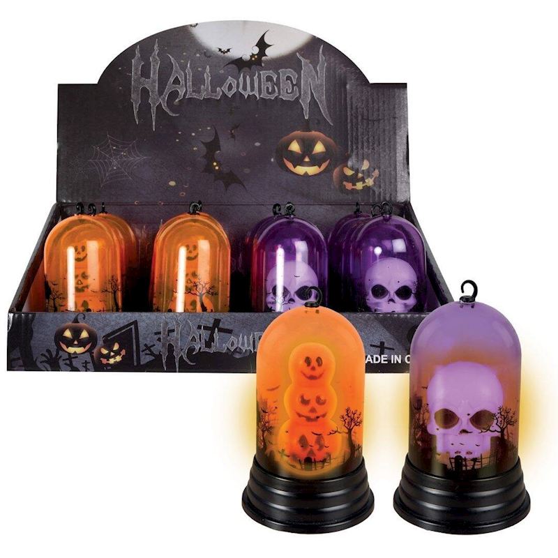 Totenkopf oder Kürbisse in Glasdom mit Licht, 7 cm