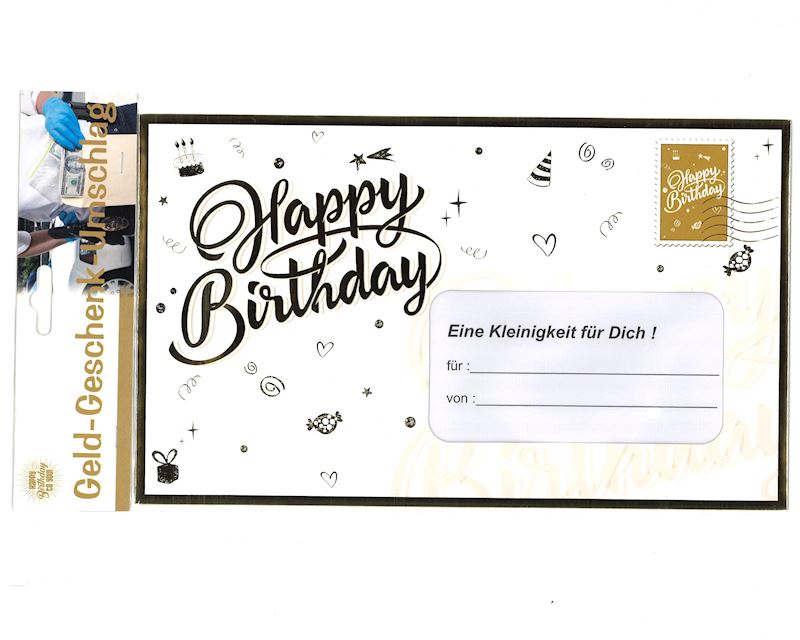 Happy Birthday Couvert gross weiss-gold, 18x30 cm