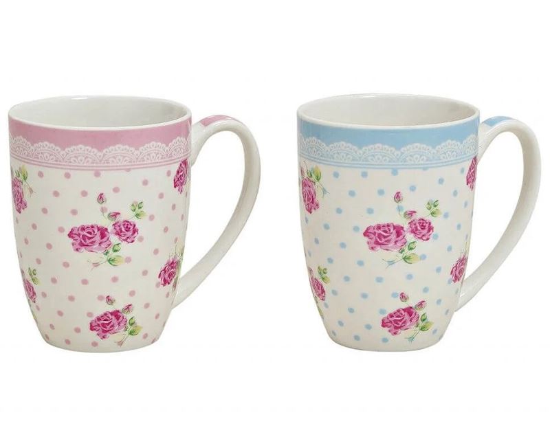 Tasse décorée de roses en porcelaine ass. rose et bleu