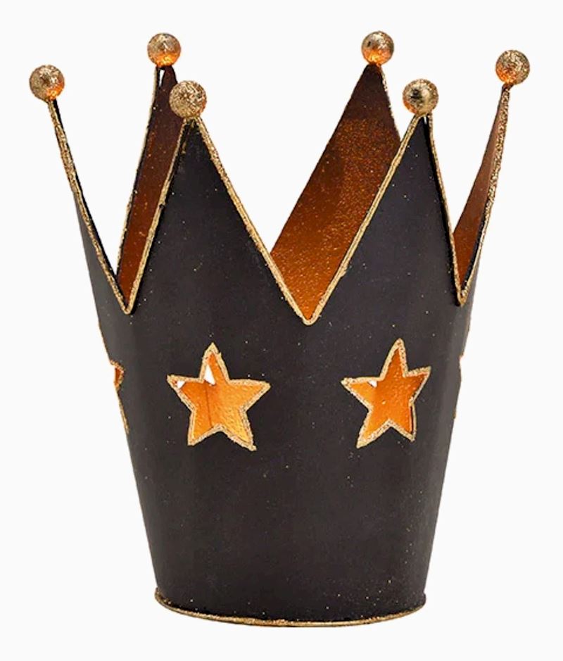 Windlicht Krone, Stern Dekor aus Metall schwarz 11x13x11cm