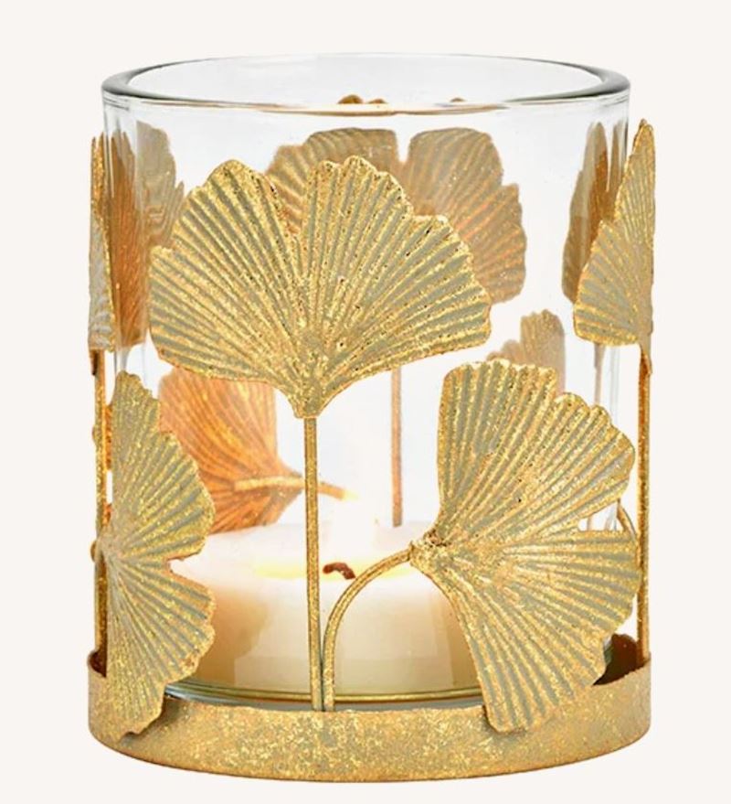 Windlicht Ginkgo aus Metall Glas gold 10 cm ohne Teelicht